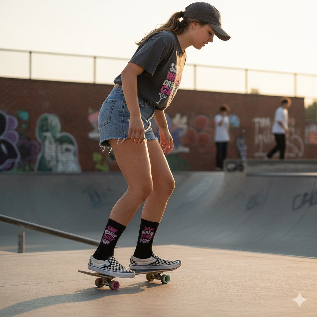 Lustige Socken, die von einem Mädchen beim Skateboarden getragen werden