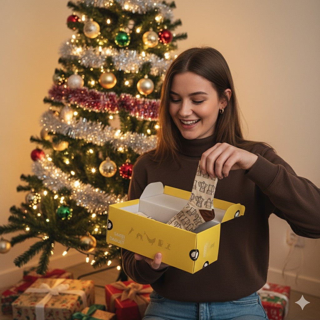 Ragazza che riceve calze divertenti per natale